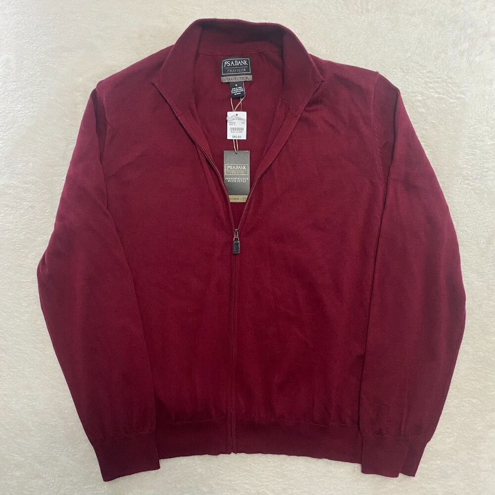 NWT Jos. A. Bank Traveler Merino Wool Blend Full Zip Sweater Mens XL Maroon Red